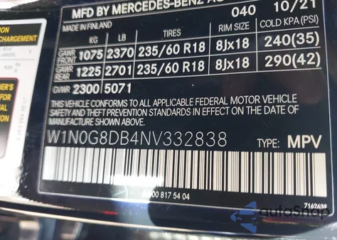 2022 Mercedes-Benz Glc 300 Suv from USA, damaged, VIN W1N0G8DB4NV332838